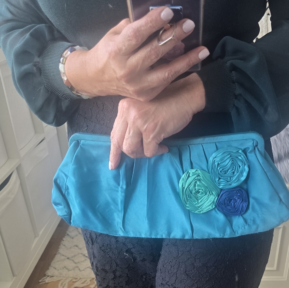 Express Vintage Turquoise Satin Floral Clutch